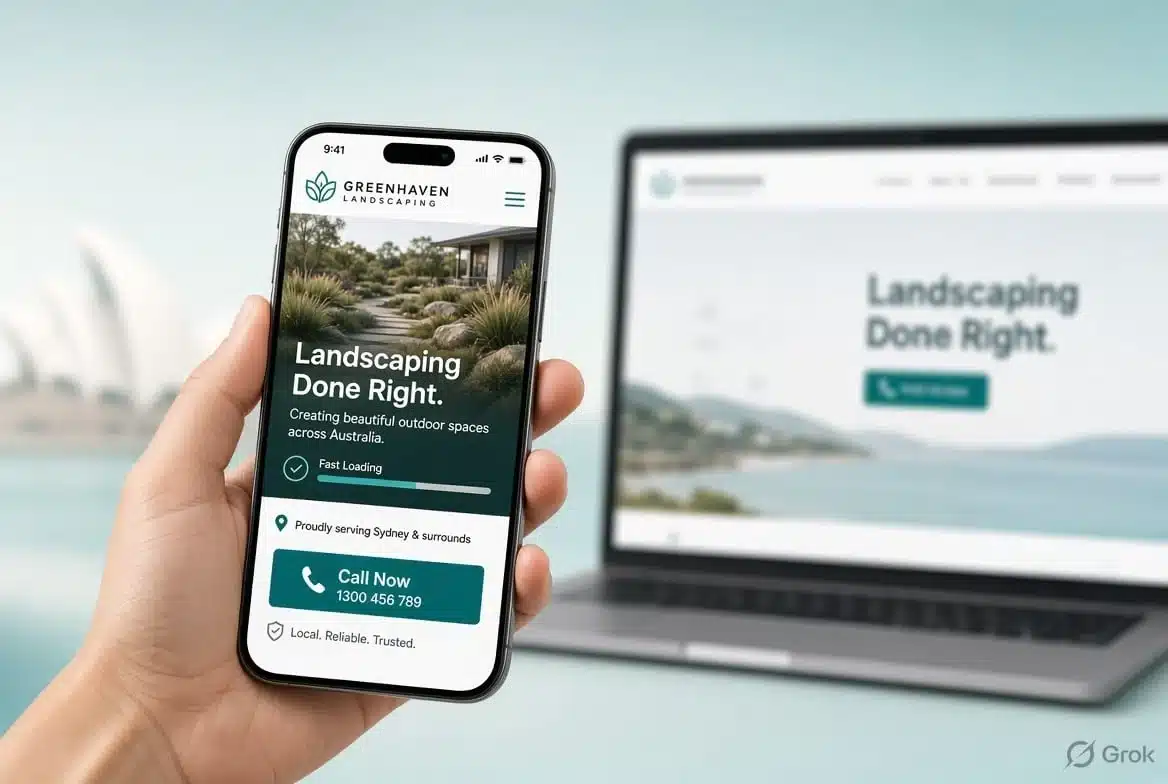 Mobile-first web design priority shown on a smartphone and laptop displaying the same Australian business website